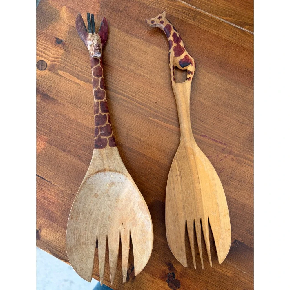 Hand Carved Wooden Giraffe Salad Server Set 3 Piece African Safari Folk Art 12in